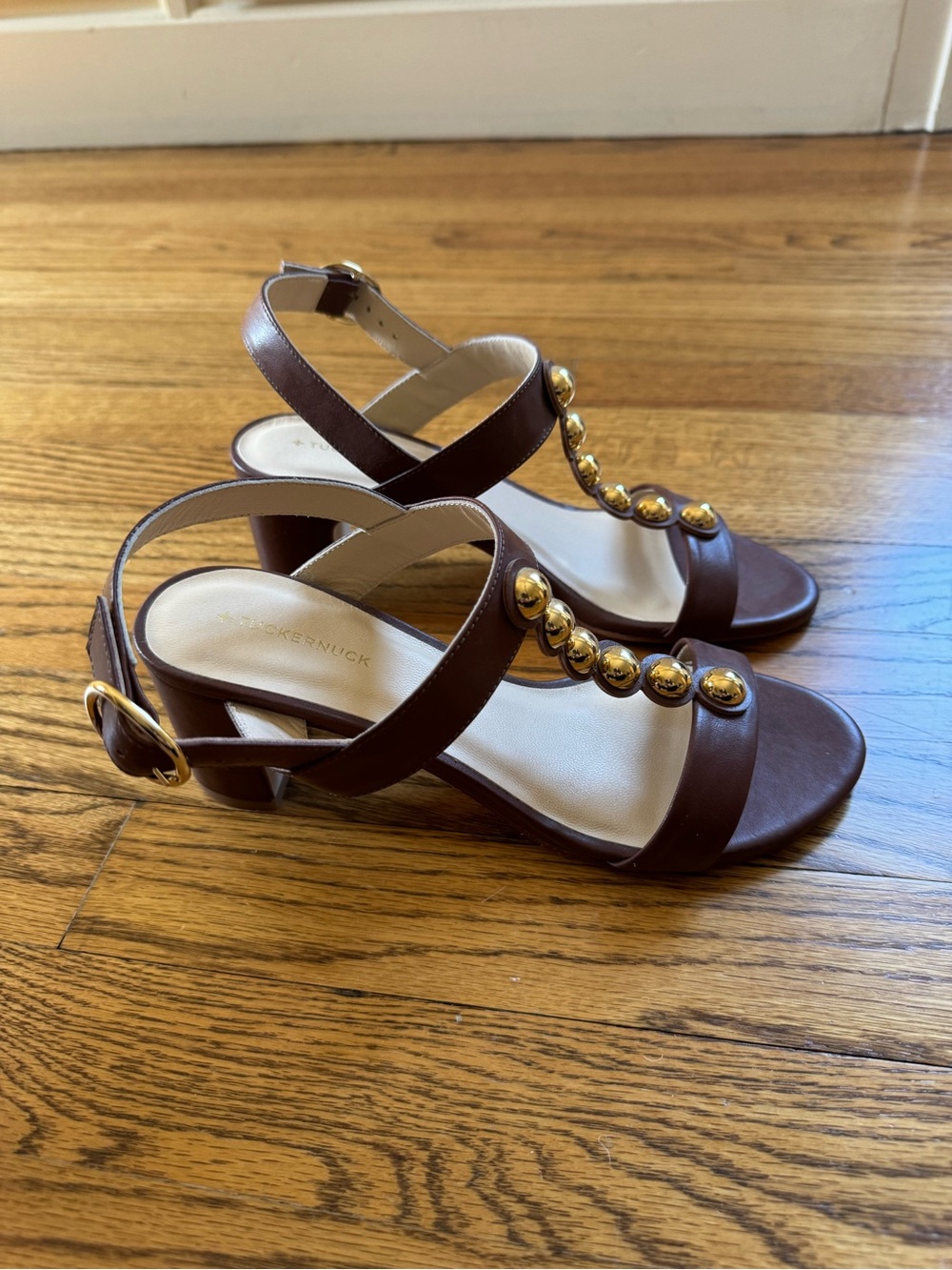 Tuckernuck Brown Leather Marcy Slingback Sandals Heels with Gold Orb Accents